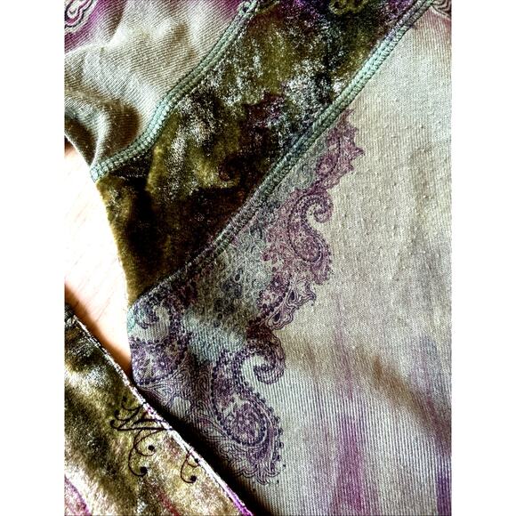 One World Green Multi Velvet Top Med-L Embroidered Flare Sleeve Whimsigoth Boho - Picture 10 of 11
